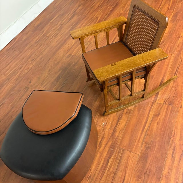 Vintage Oak & Cane Mission Style Rocking Chair With New Leather Cushions For Sale - Image 9 of 18