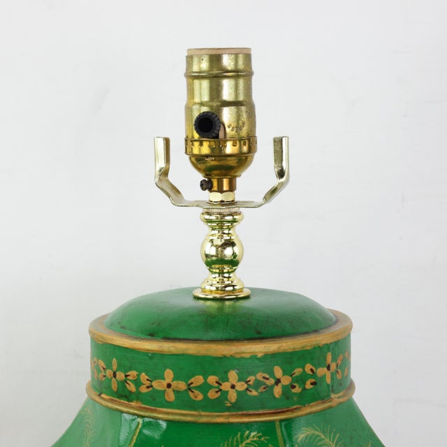 Early 21st Century Pair of Vintage British Chinoiserie Green and Gold Hexagonal Hand-Painted Tole Tea Jar Table Lamps For Sale - Image 5 of 13