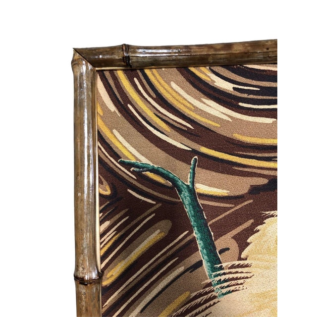 1940s Restored 1949 Rattan Framed Square Crane Bark Cloth Fabric Sample by Spectrum For Sale - Image 4 of 6