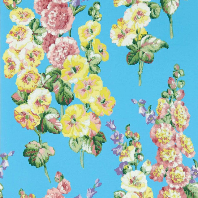 Sanderson Hollyhocks Wallpaper in Fire Pink/Bright Blue - a Sample For Sale