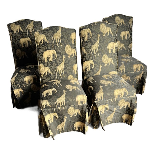 Vintage Regency Black and Gold Animals Skirted Parsons Dining Chairs - Set of 4 For Sale