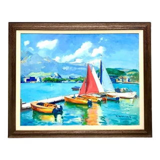 Late 20th Century Nautical Acrylic Painting, Signed Sailboats by Port in Spain, Framed, 38"w For Sale