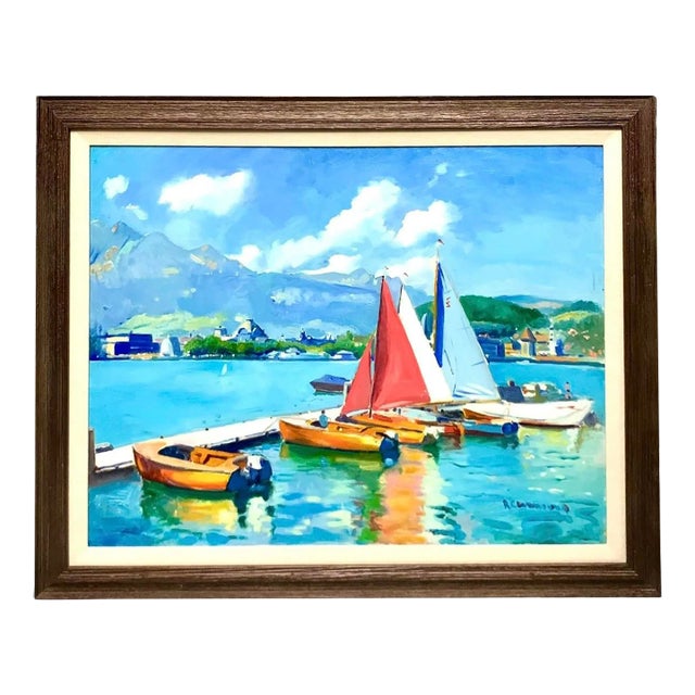 Late 20th Century Nautical Acrylic Painting, Signed Sailboats by Port in Spain, Framed, 38"w For Sale