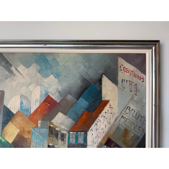 1970’s Mid-Century Impressionist Geometric Abstract Cityscape Oil on Canvas Painting, Framed For Sale In Miami - Image 6 of 12