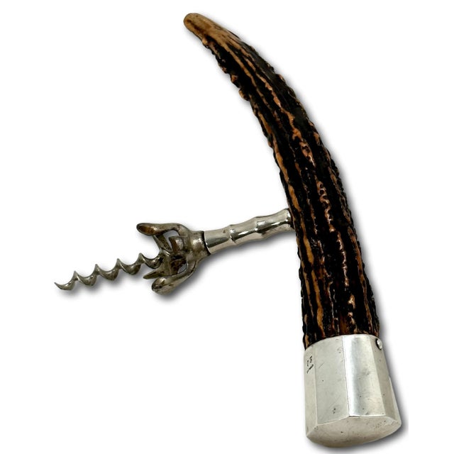 Silver Oversize Antique American Sterling Silver Mounted Stag Horn Antler Wine Corkscrew & Bottle Opener - Early 1900s For Sale - Image 8 of 12