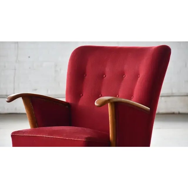1940s Scandinavian Lounge Chair With Oak Armrest Conical Legs Red Wool, 1940's For Sale - Image 5 of 9