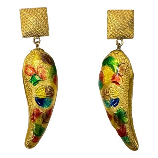 Vintage Enemel 14 Kt Yellow Gold 10.4 Gm Dangling Earrings, 1.6 Inch Long For Sale