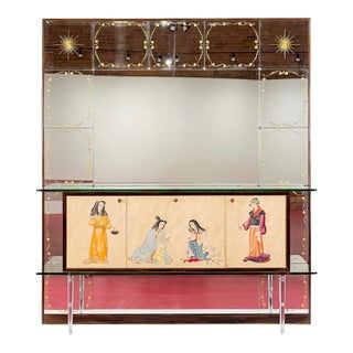 Mid Century Mirrored Bar Cabinet Credenza With Asian Motif, Made in Italy For Sale