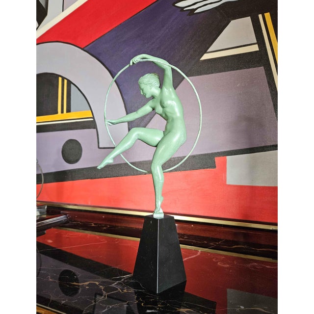 1930s Derenne, Art Deco Sculpture Dancer with Hoop, Metal For Sale - Image 5 of 14