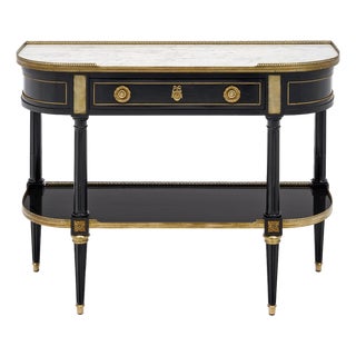 French Louis XVI Style Ebonized, Brass and Marble Console Table For Sale