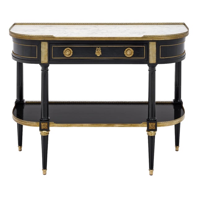 French Louis XVI Style Ebonized, Brass and Marble Console Table For Sale