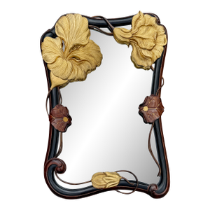 French Art Nouveau Carved Gilt Flower Mahogany Wall Mirror