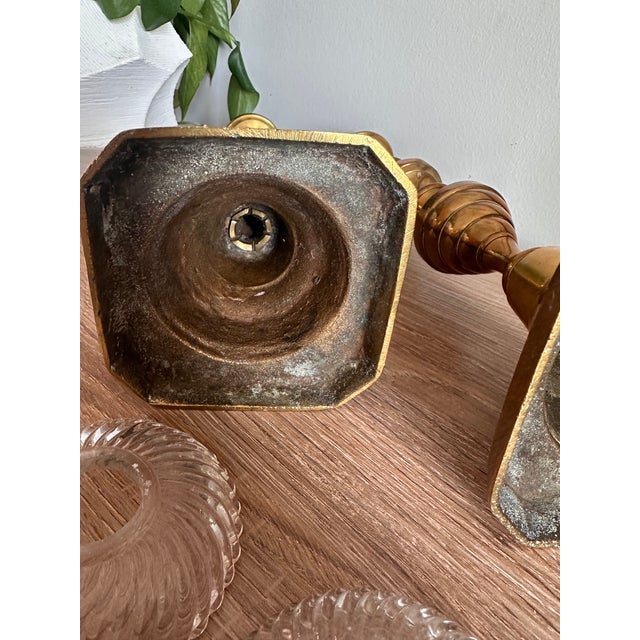 Vintage Solid Brass Octagonal Candlesticks With Swirl Glass Bobeches, Pair For Sale - Image 10 of 13