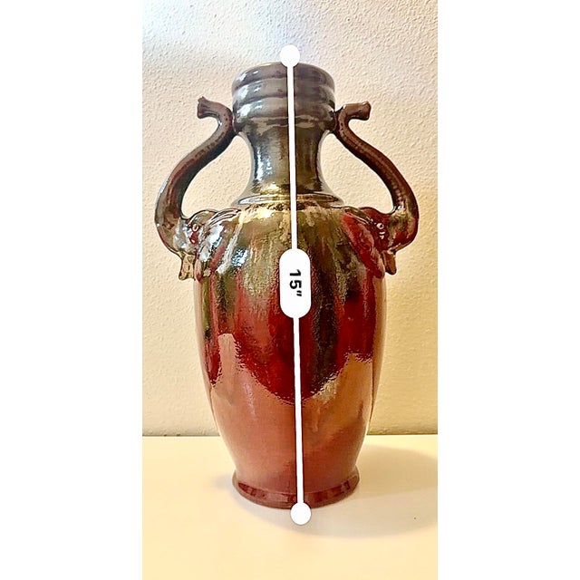 Art Deco Vintage Oxblood Amphora Vase, Art Deco Red Elephant Handle, Cobalt Drip Glaze For Sale - Image 3 of 12