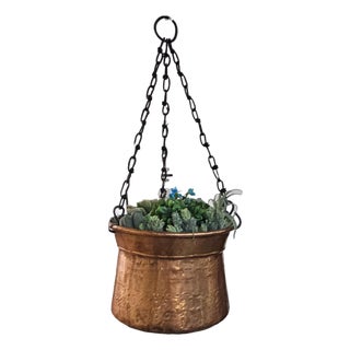 Hand-Hammered Copper Hanging Planter With Forged Iron Chain 12" For Sale