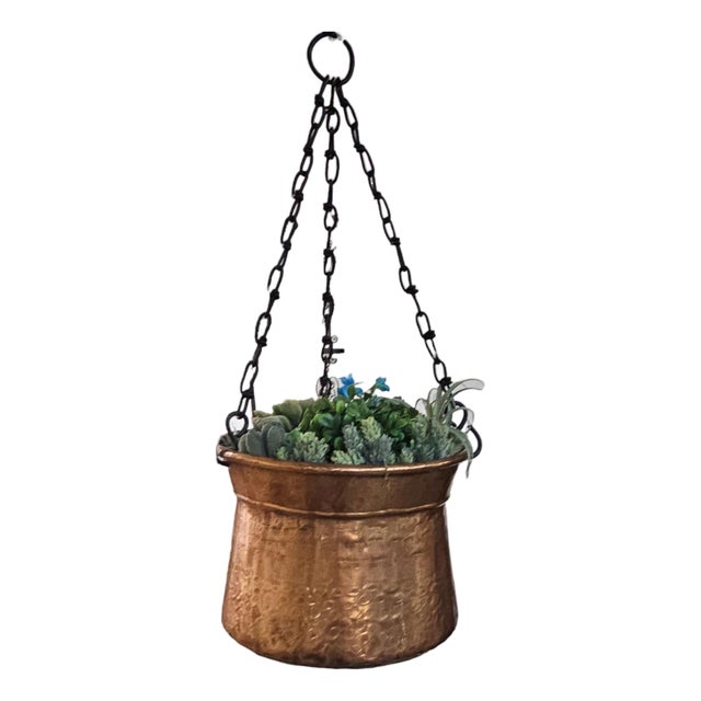 Hand-Hammered Copper Hanging Planter With Forged Iron Chain 12" For Sale