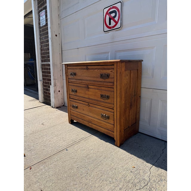 Antique Victorian Eastlake Oak Three-Drawer Chest With Brass Hardware For Sale - Image 4 of 12