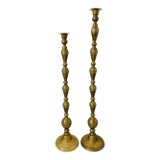 Vintage Enbossed Carved Brass Floor Candle Holders 46” and 40” Talll Altar or Decorative. Set of 2 For Sale