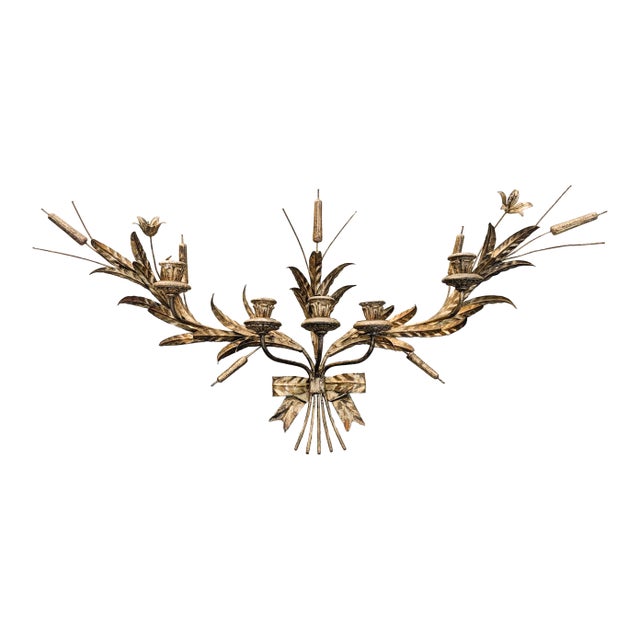 Vintage Hollywood Regency Brass Italian Toleware Candelabra Wall Sconce For Sale