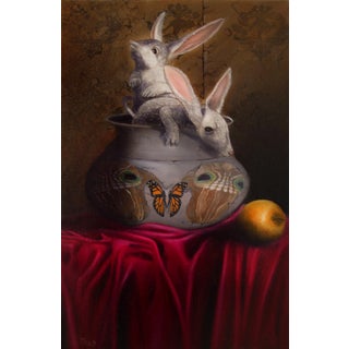 The Magic Bowl (Australia) by Shay Davis | Oil on canvas Still life with rabbits and a bowl For Sale