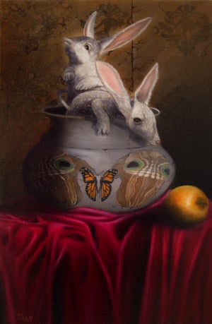 The Magic Bowl (Australia) by Shay Davis | Oil on canvas Still life with rabbits and a bowl