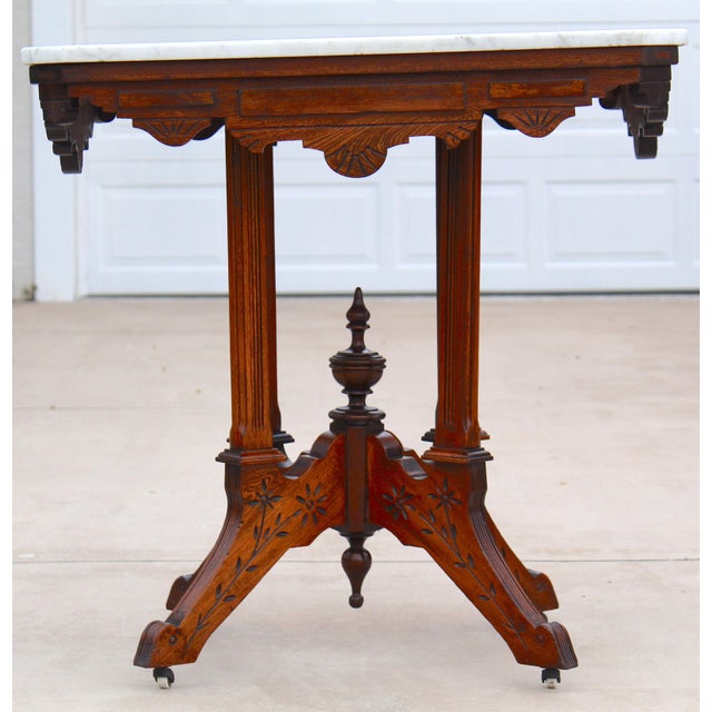 Victorian Antique American Victorian Eastlake Marble Top Parlor Table | Carved Walnut Side Table on Casters | C. 1880–1900 For Sale - Image 3 of 15