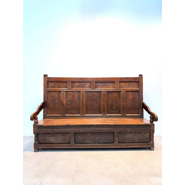 Brown Antique Carved Oak Monks Bench with Storage Chest For Sale - Image 8 of 8