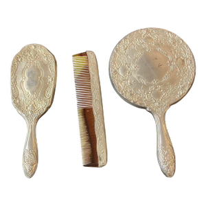 Vintage Silver-Plated 3-Piece Vanity Set: Brush, Beauty Mirror, & Comb