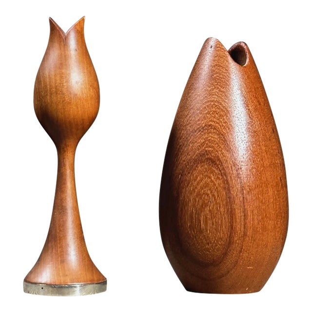 Vintage Danish Mid Century Hand Turned Vase and Candlestick Holder For Sale