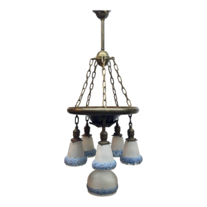 1940’s Six Light Pan Fixture With Handpainted Floral Shades