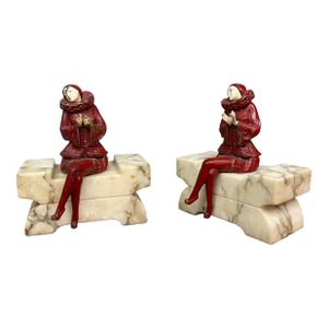 French Art Deco Pierrot Bookends on Gray Marble Bases, Circa 1920s
