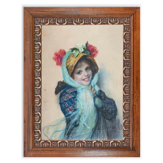 Arnaldo De Lisio, Smiling Girl, Original Drawing, 1917, Framed For Sale