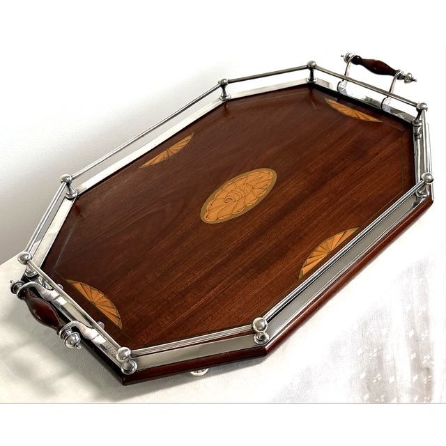 Antique English Silver and Mahogany Gallery Tray For Sale - Image 4 of 18