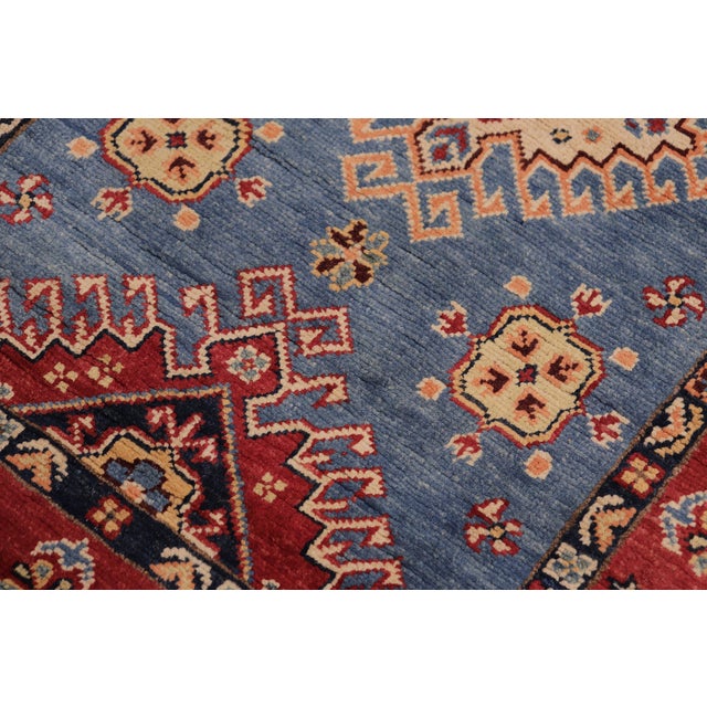Shabby Chic Tribal Super Kazak Light Blue/Red Wool Runner Rug- 2'11'' X 9'8'' For Sale - Image 3 of 10