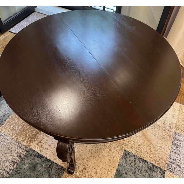 Vintage Hand-Carved Mahogany Veneer Extension Dining Table - 40.5" Round to 88.5" For Sale - Image 9 of 11