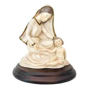 Vintage Italian Madonna & Child on Wood Base – Glazed Ceramic, 8"