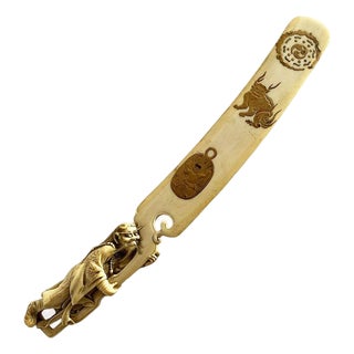 19th Century Hand Carved Kiseruzutsu Bone With Monk & Gold Inlay Letter Opener For Sale