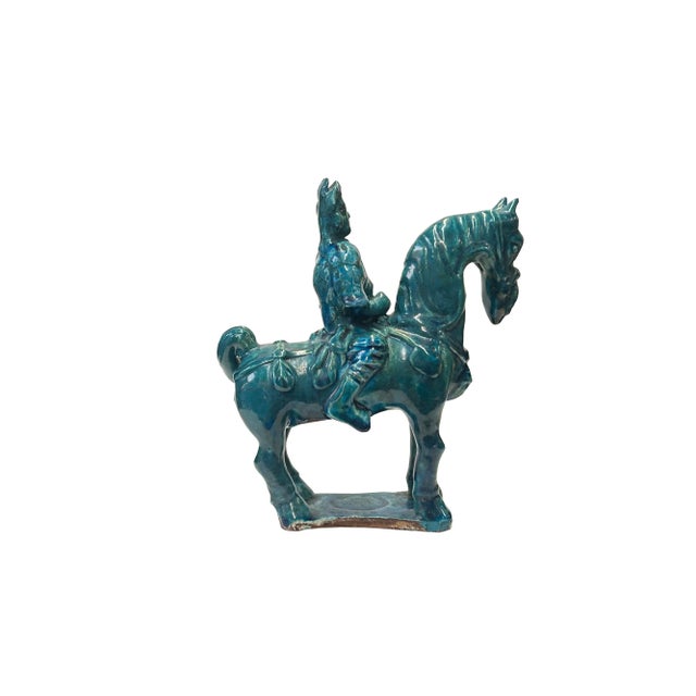 Vintage Distressed Dark Green Glaze Ceramic Soldier Riding Horse Figure For Sale In San Francisco - Image 6 of 6
