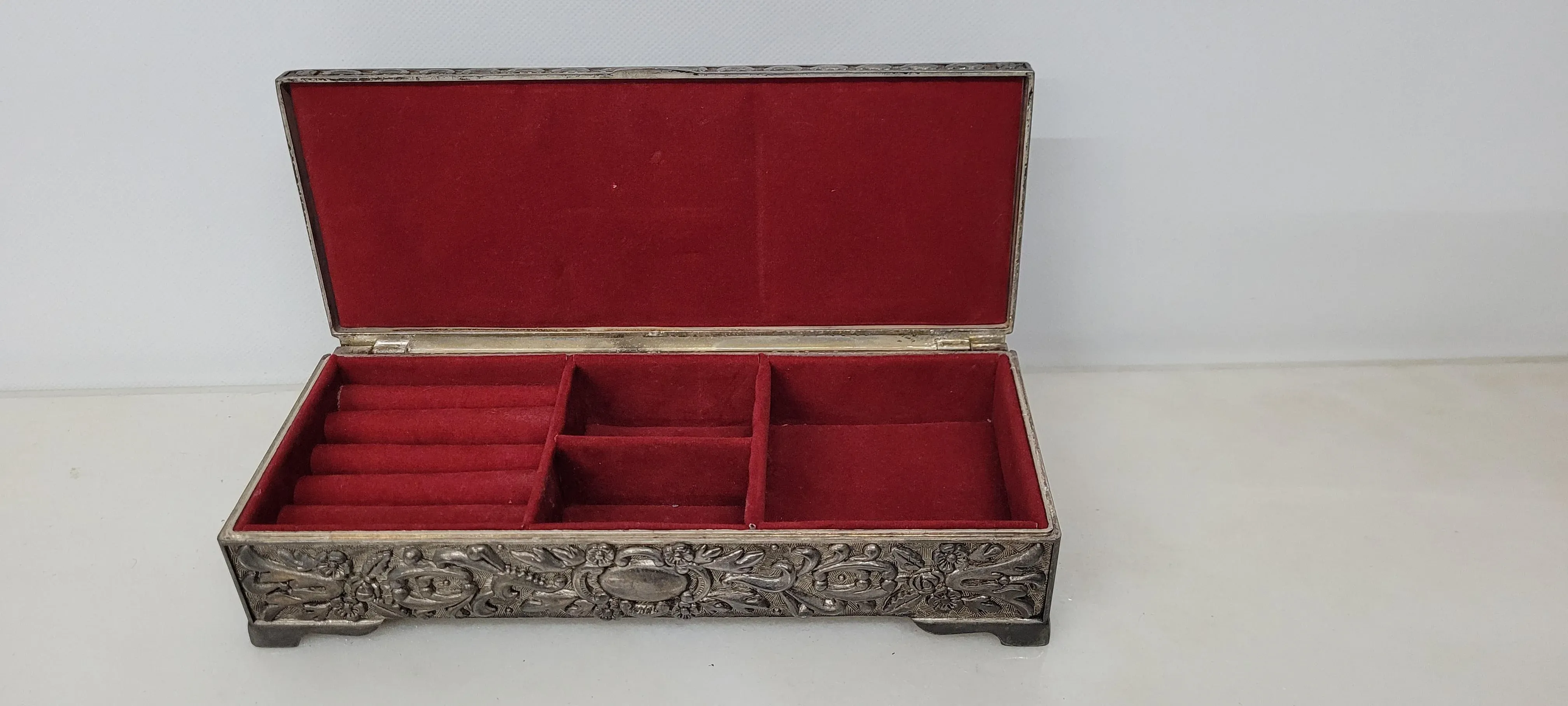 Vintage 1940s Silver Repousse Jewelry Box Coffin Style Ornate Red