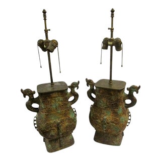 Warren Kessler Patinated Bronze Archaic Chinese Vessel Double Socket Lamp Pair For Sale