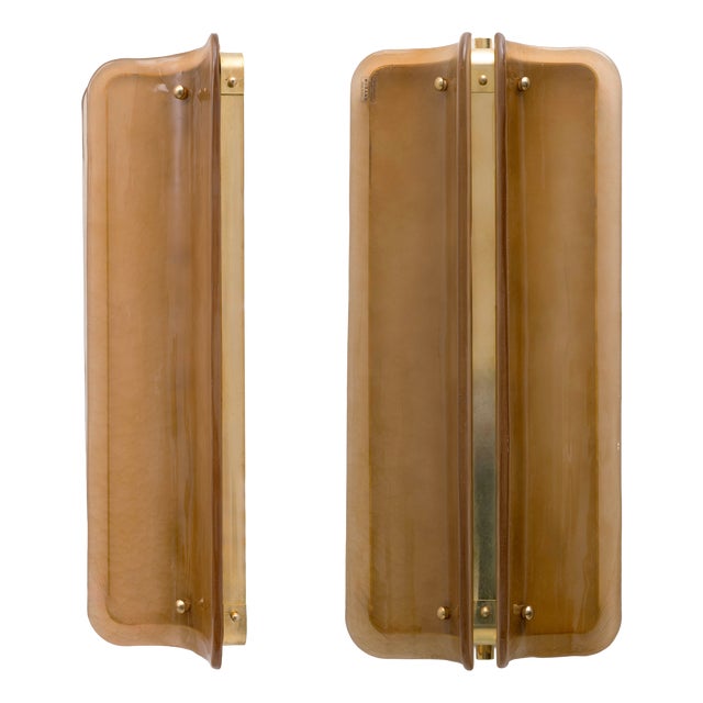 Big Curved Amber Murano Glass and Brass Wall Sconces, 2000, Set of 2 For Sale