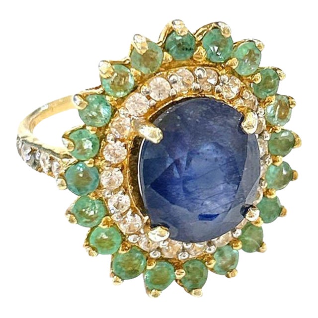 Bochic “Orient” Blue Sapphire, Emerald & Diamond Ring Set in 18k & Silver Size 6.5 For Sale