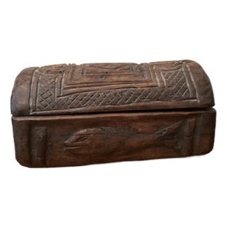 Antique Carved Wood Jewelry Letters Keepsake Box With Letters and Fish Carving For Sale
