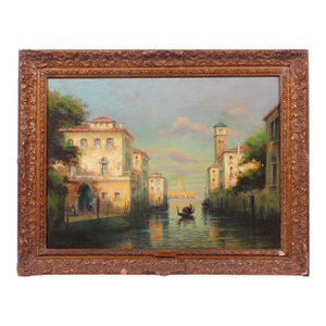 Early 20th Century Antoine Bouvard Sr (French, 1870-1955), “Venetian Canal With San Giorgio Maggiore in Distance“, Oil on Canvas