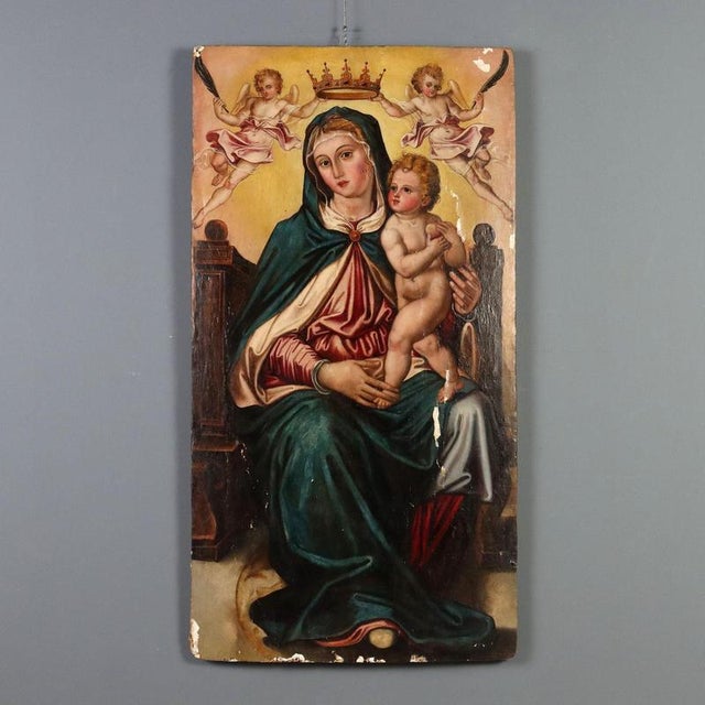 Italian Artist, Madonna Enthroned with Baby Jesus and Angels, Oil Painting on Panel For Sale - Image 14 of 14
