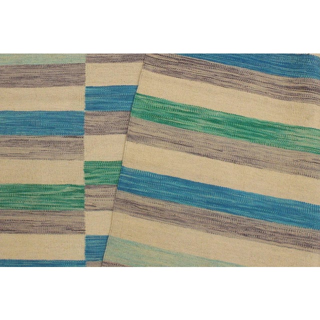 Textile Boho Chic Kilim Blue Beige Wool Rug - 6'5" X 9'7" For Sale - Image 7 of 8