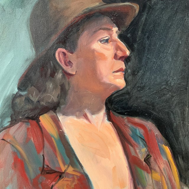 Vintage Modern Realist Signed Portrait Painting of a Woman Wearing a Hat For Sale - Image 9 of 13