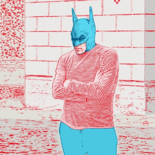 Batman Says depicts a kneeling figure wearing a Batman mask, partially submerged in water outside a modern building. A...
