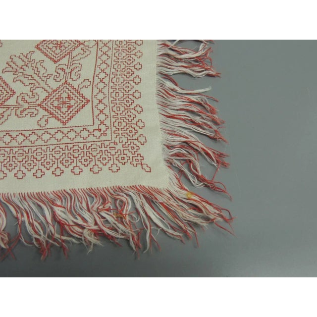 Vintage Red and White Greek Isle Square Woven Table Topper With Fringes For Sale - Image 4 of 5