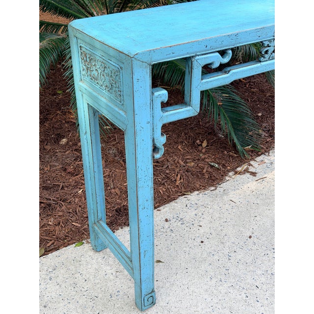 Early 20th Century Chinese Distressed Turquoise Blue Console Table For Sale - Image 5 of 14